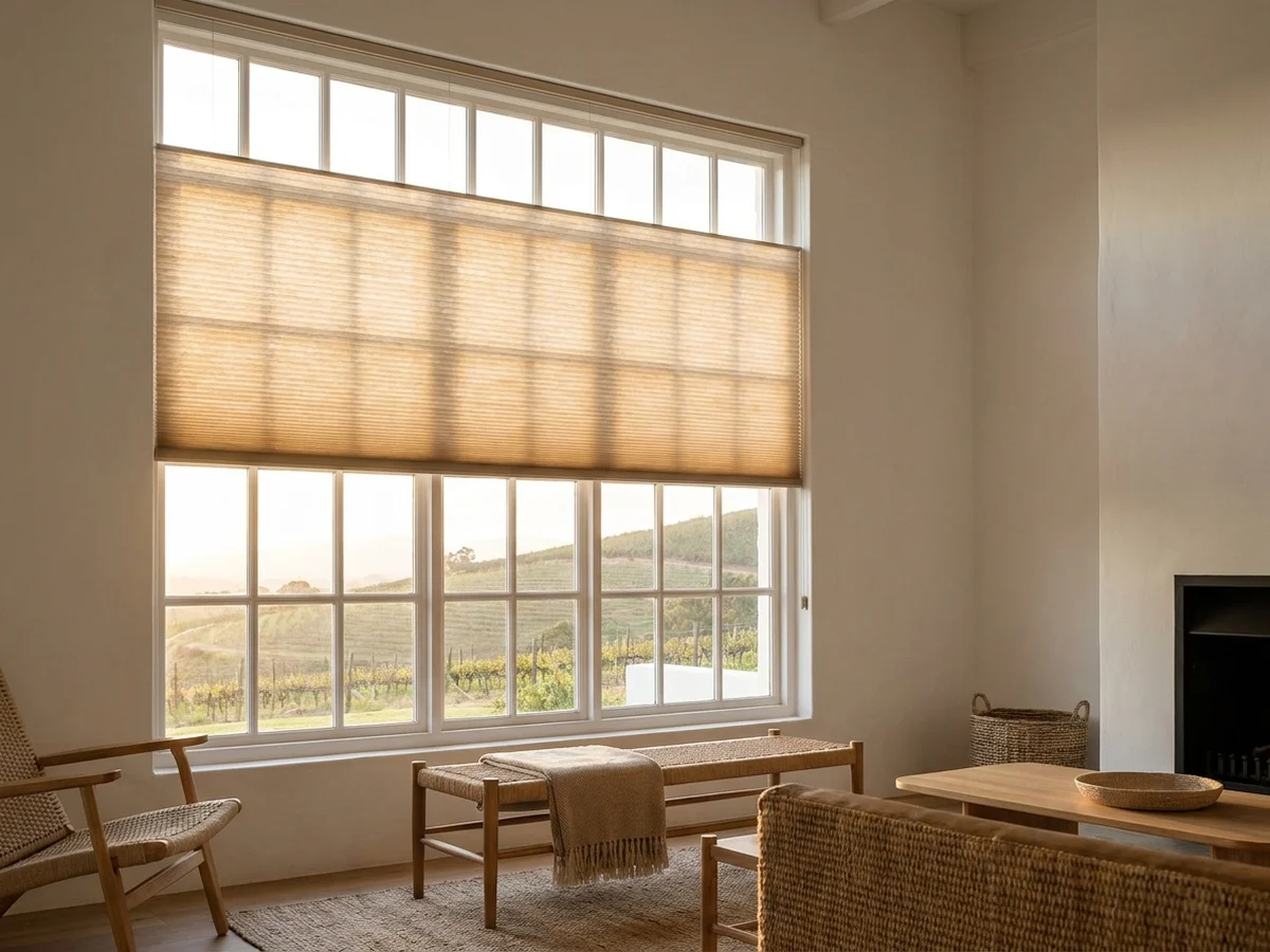 Cellular honeycomb blind pulled halfway down a tall living room window overlooking Helderberg vineyards, Somerset West