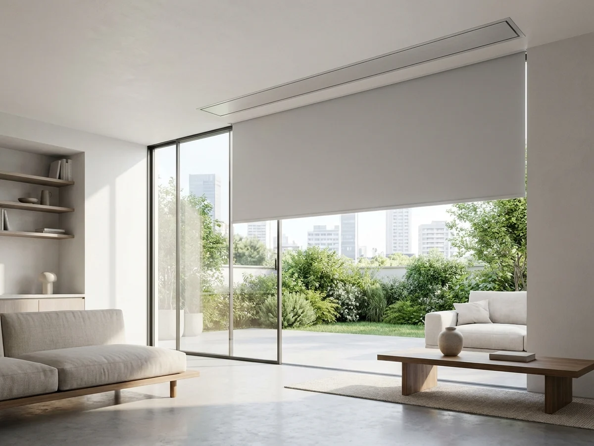 Concealed ceiling-recessed roller blind lowering over a Somerset West living room, box hidden in the ceiling slot