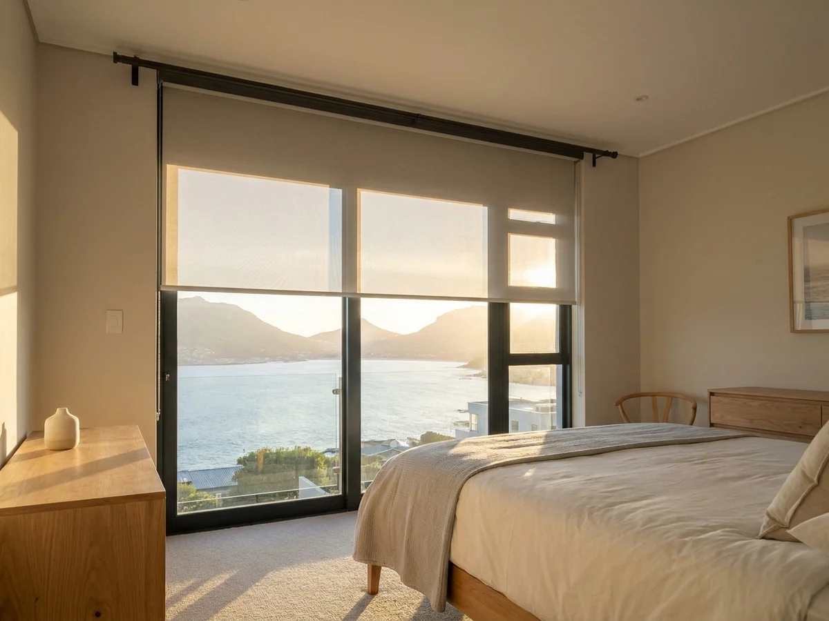 Day/night blind fabric bands over a bedroom window with a sea and mountain view, Somerset West