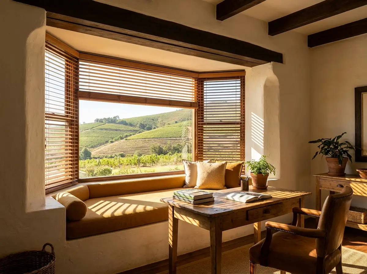 Timber venetian blinds in a Stellenbosch homestead bay window overlooking vineyard hills