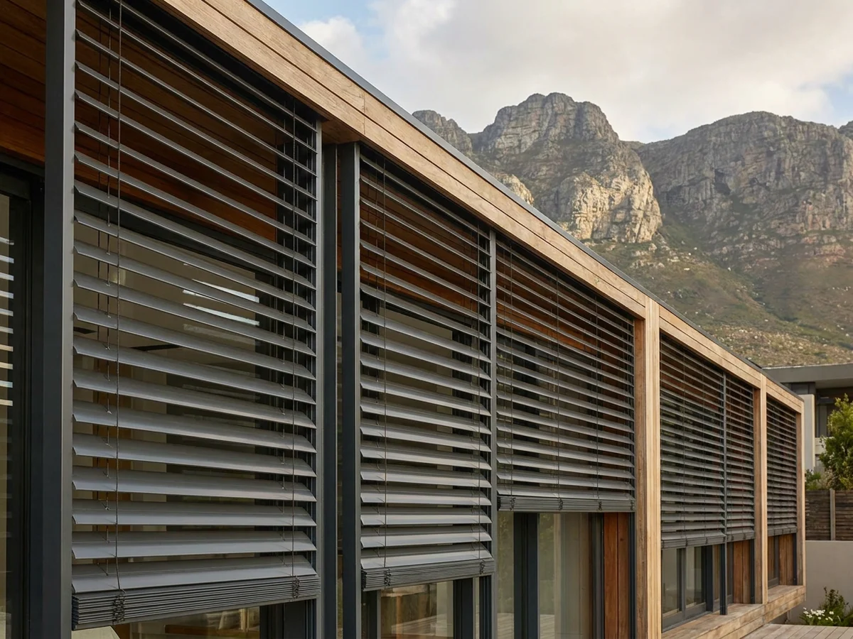 External aluminium venetian blinds mounted on a Somerset West facade with the Helderberg mountain behind