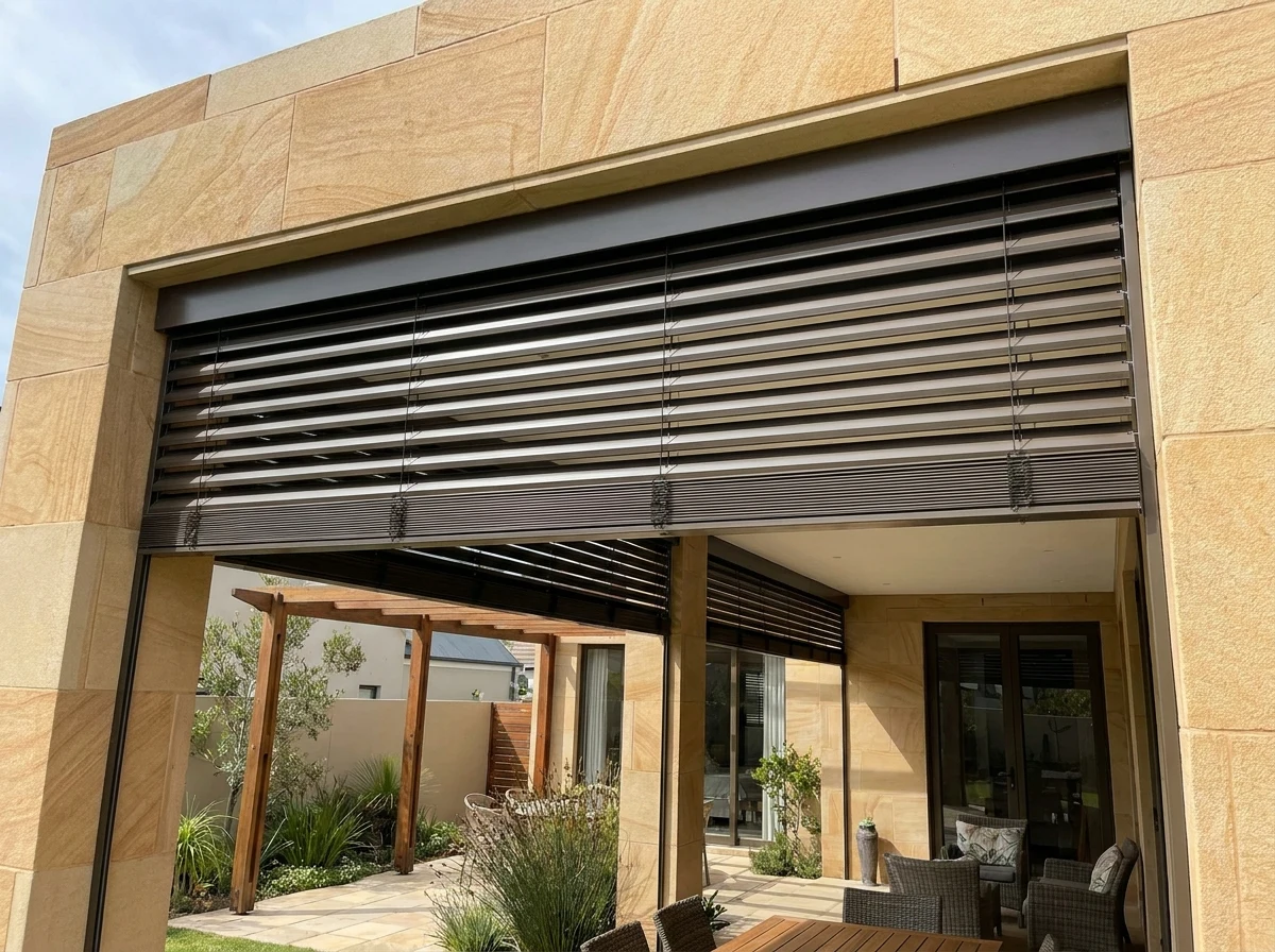 External aluminium venetian blind shading a sandstone-clad terrace opening, Somerset West home