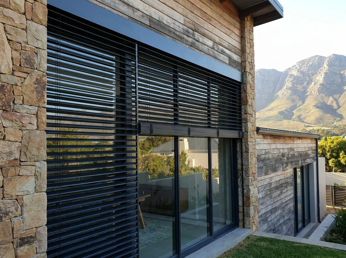 External aluminium venetian blinds fitted to a timber-clad Somerset West home, Helderberg mountains behind
