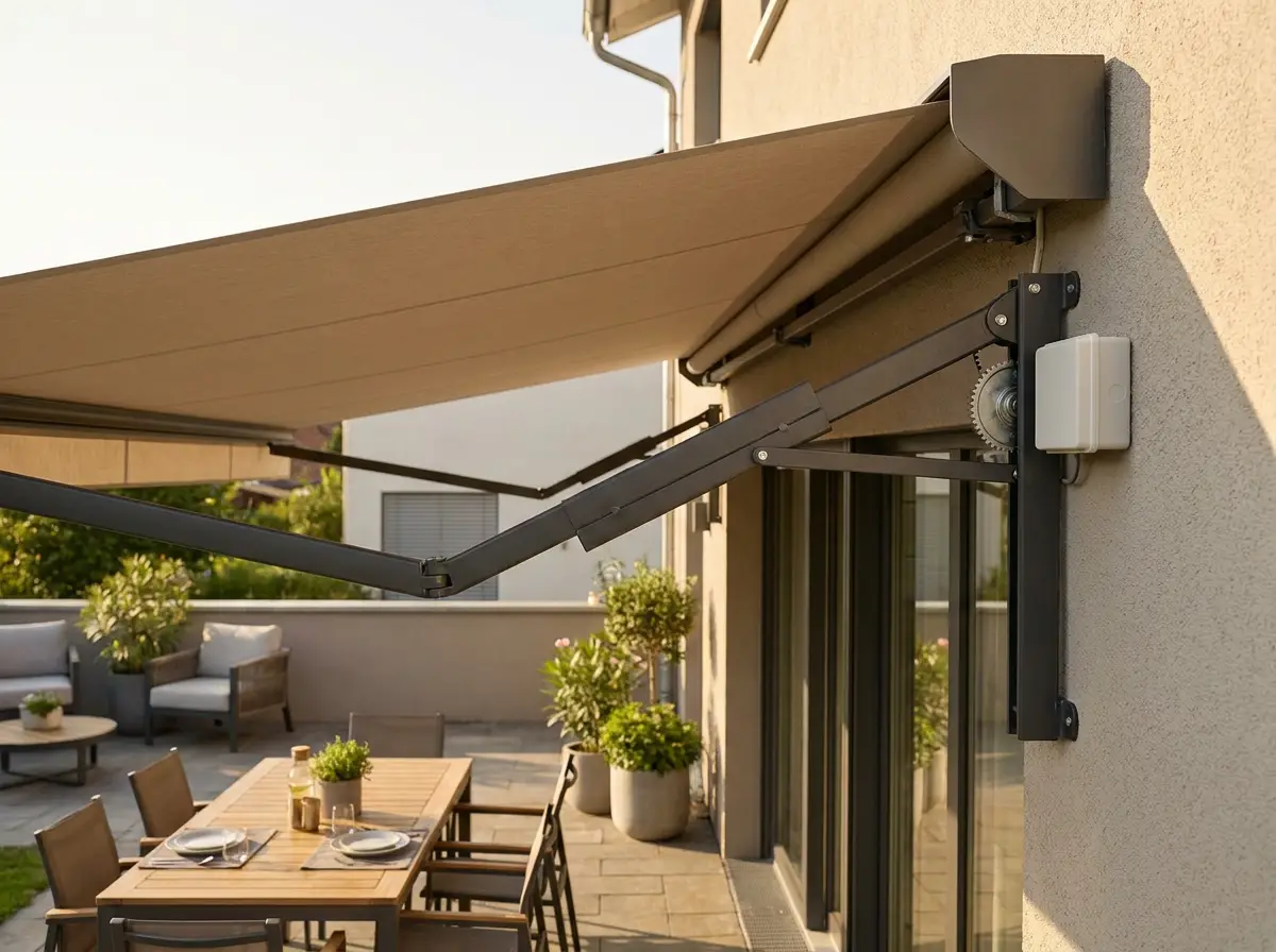 Motorised folding-arm awning mechanism mounted above a patio dining area, Somerset West