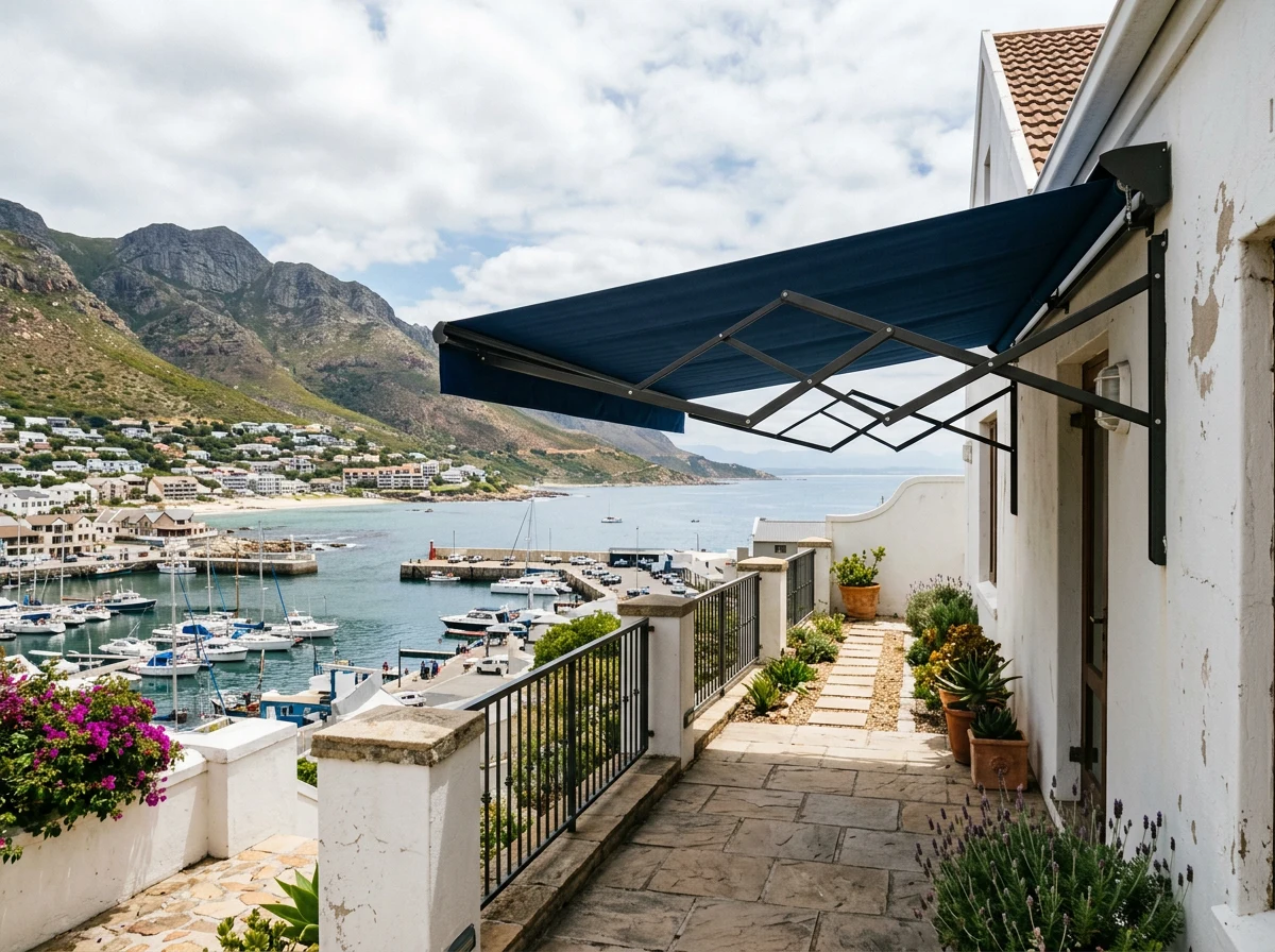 Folding-arm awning extended over a patio with a Gordon's Bay harbour view