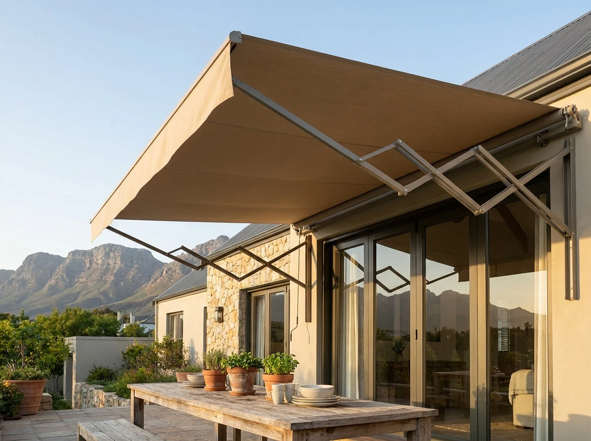 Folding-arm awning extended over an outdoor dining patio, Somerset West home