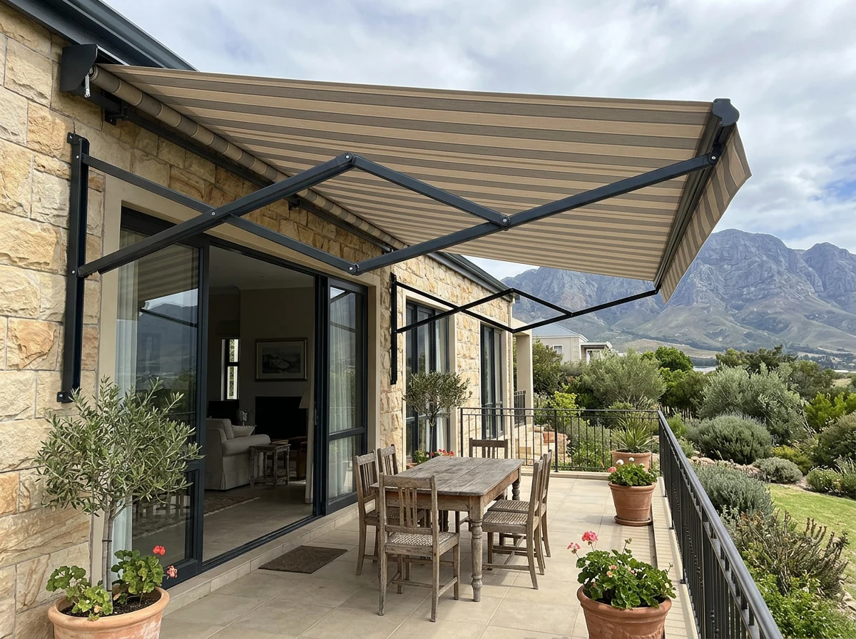 Folding-arm awning extended over a stone terrace in a Somerset West home