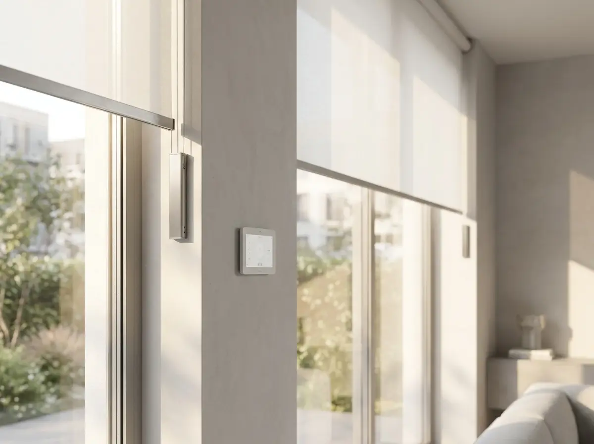 Motorised roller blind headbox and wall-mounted control panel in a Somerset West home