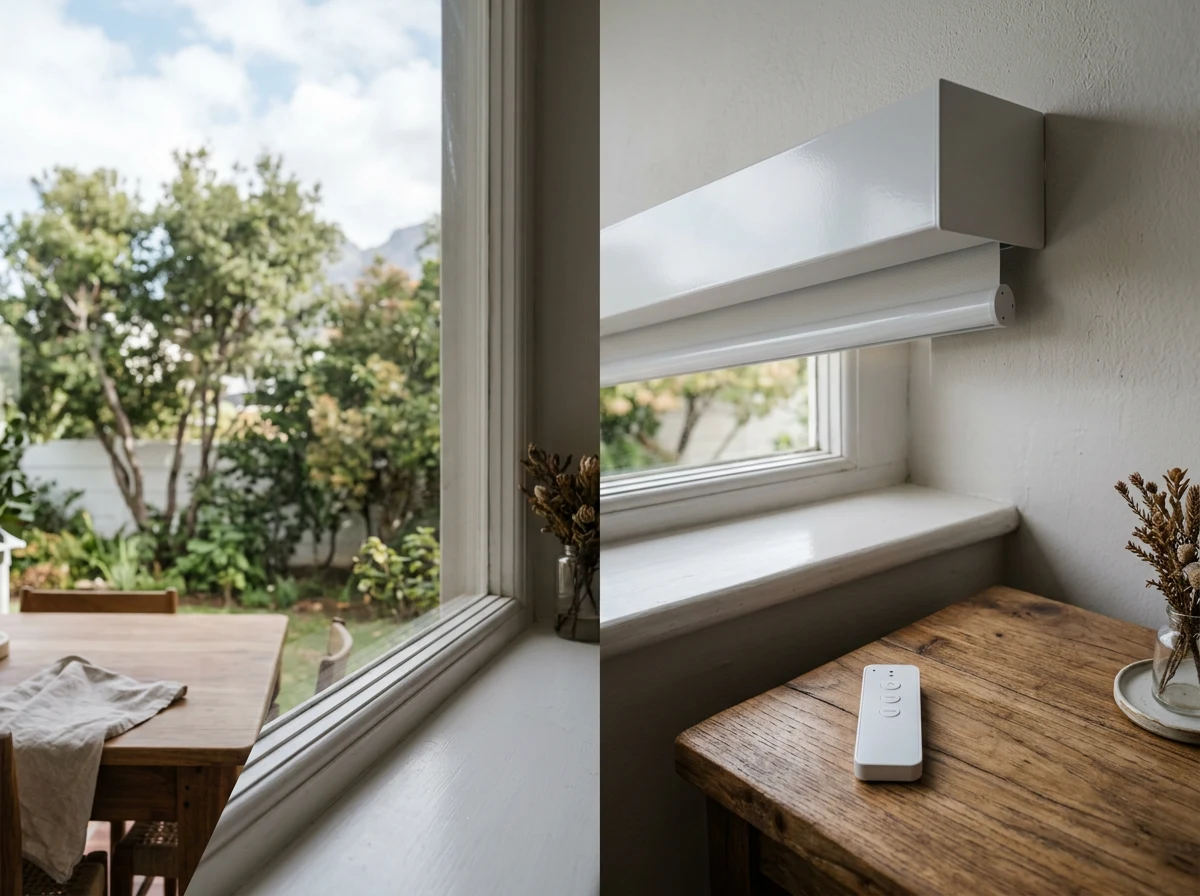 Motorised roller blind remote and headbox beside a dining room window, Somerset West home