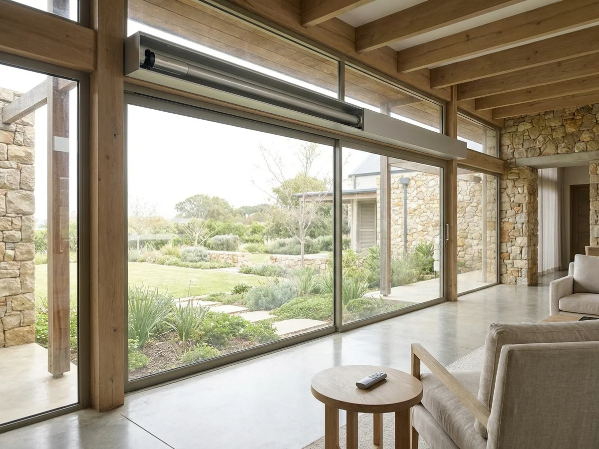 Motorised blind headbox and remote control above a sliding door in a Somerset West home