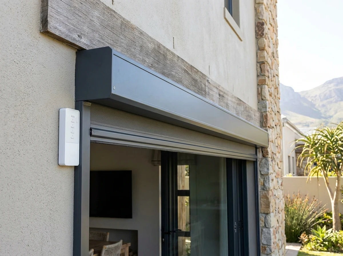 Motorised awning headbox and wall control mounted above a Somerset West patio door