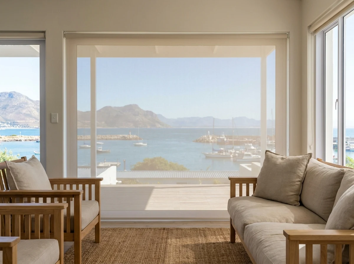 Sunscreen roller blind lowered over a lounge window with a harbour and mountain view, Gordon's Bay