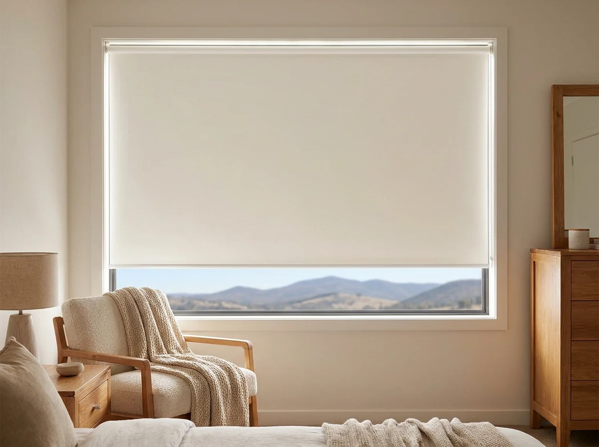 Blockout roller blind lowered over a bedroom window in a Somerset West home