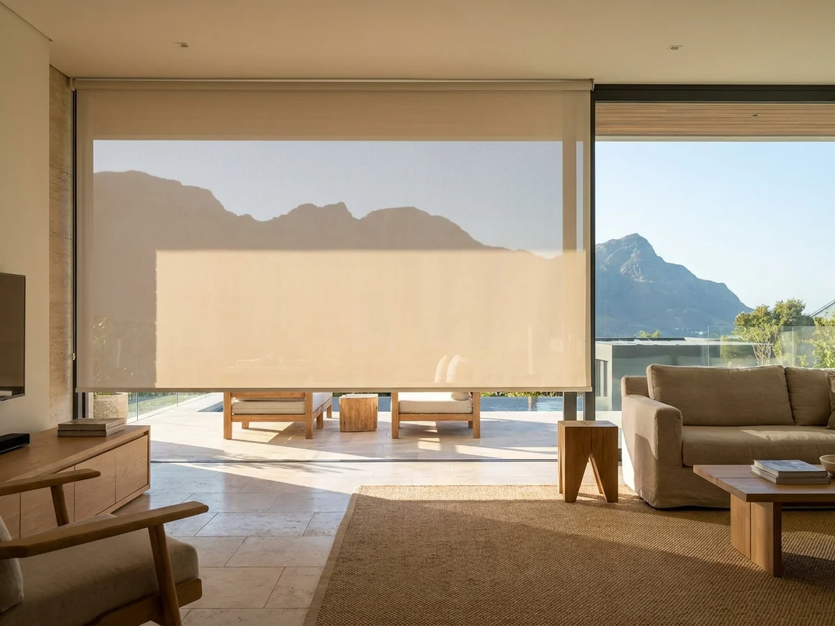 Sunscreen roller blind lowered over sliding doors in a Somerset West living room, Helderberg mountain view beyond