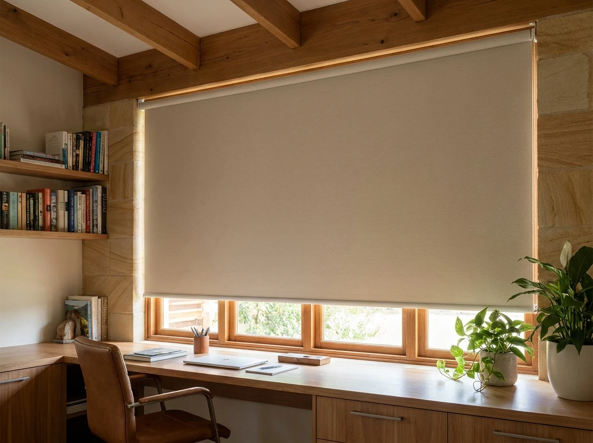 Sunscreen roller blind lowered over a study window in a Somerset West home