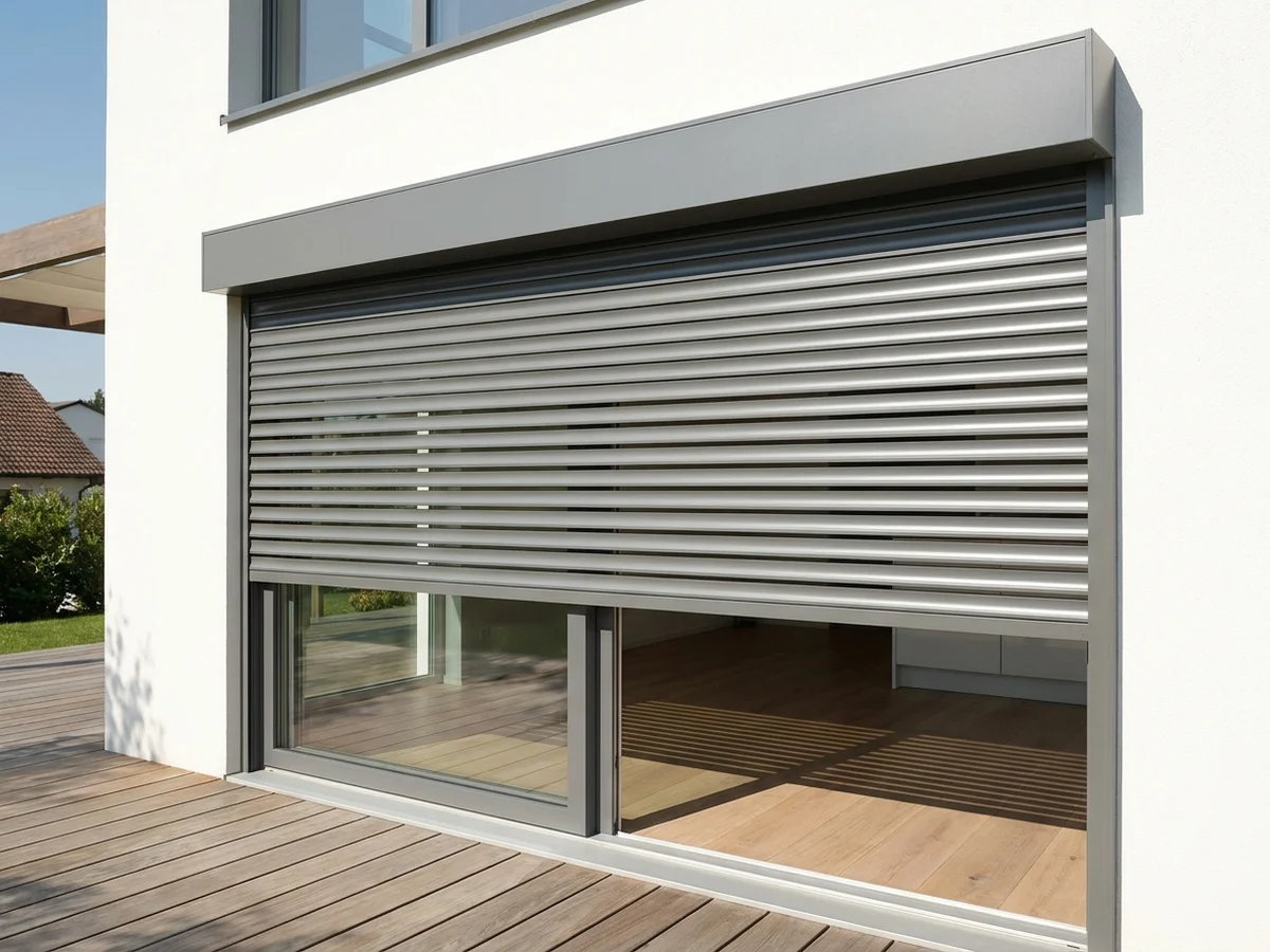 Aluminium roller shutter lowered halfway over a Somerset West patio door for afternoon shade