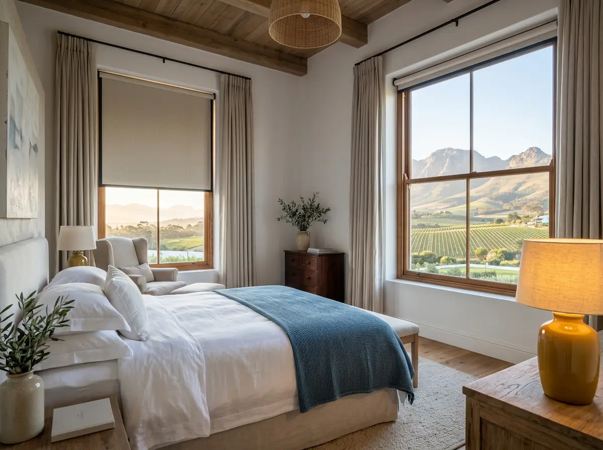 Bedroom with a roller blind and a mountain and vineyard view, Somerset West home