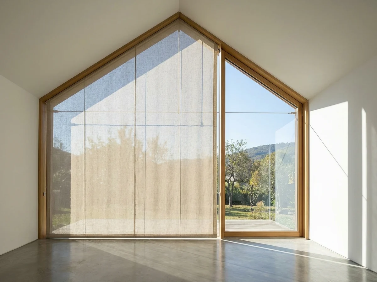 Shaped blind fitted to a gable-end window in a Somerset West Helderberg-style home