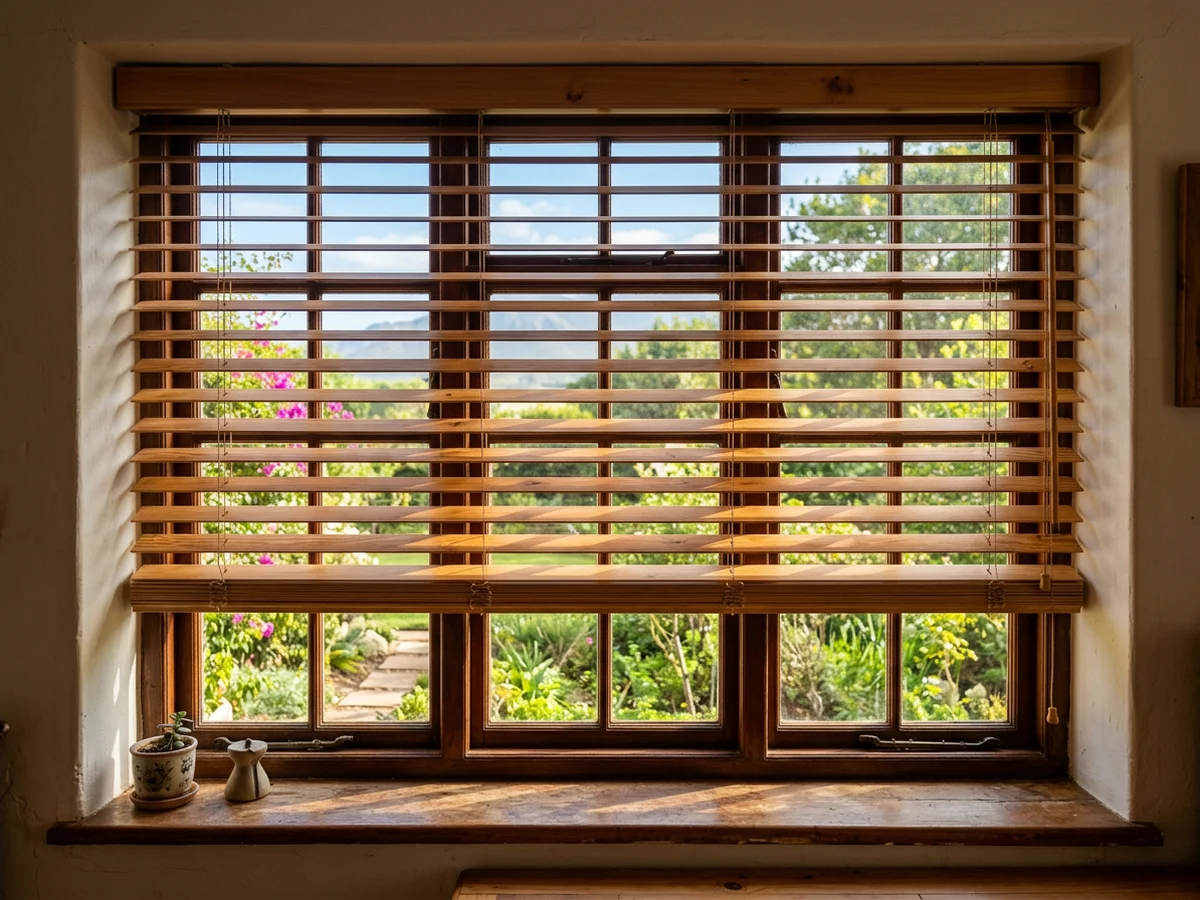 Timber venetian blind slats framing a garden view in a Somerset West window