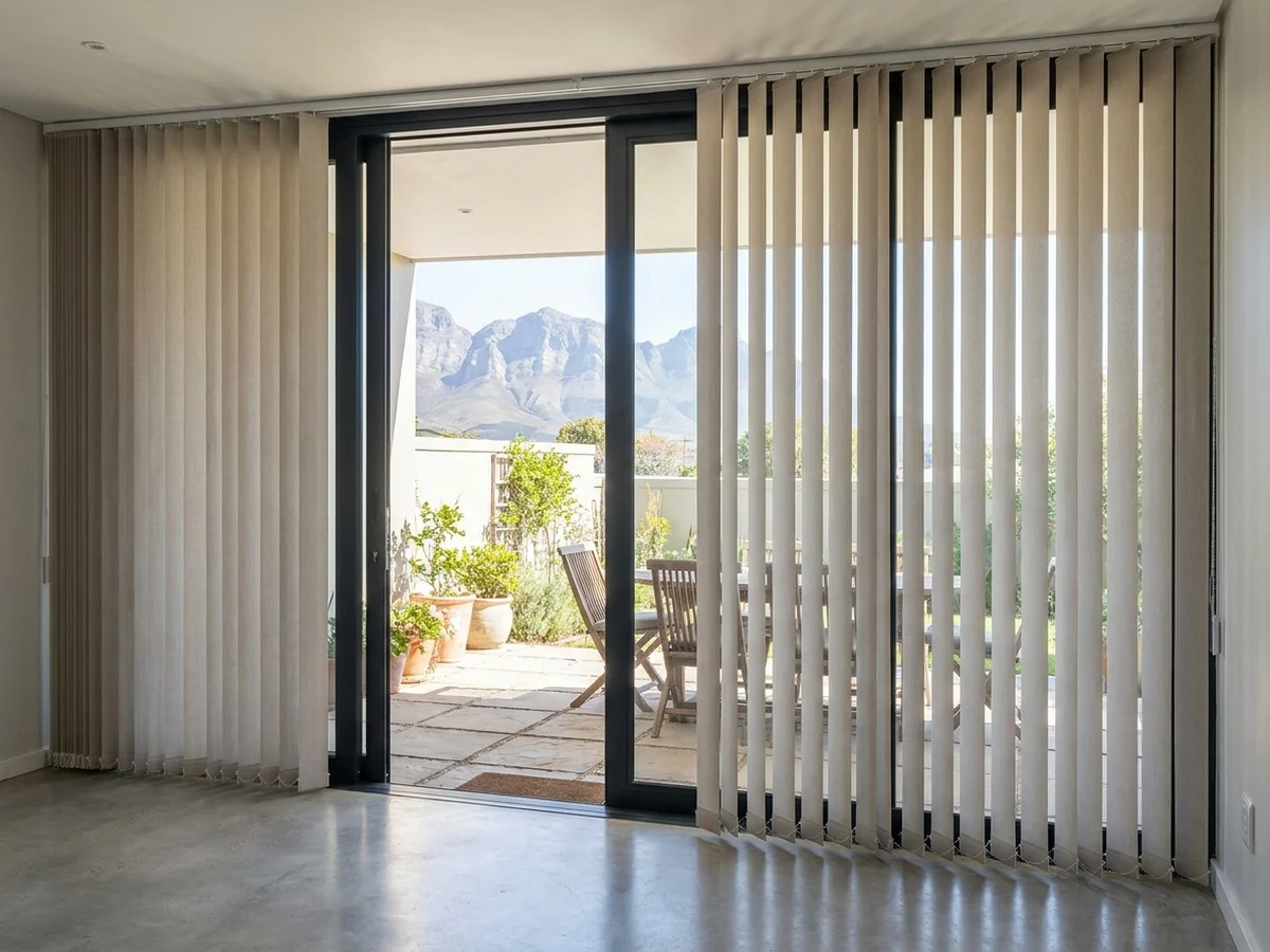 Vertical panel blinds covering wide sliding doors onto a mountain-view patio, Somerset West home